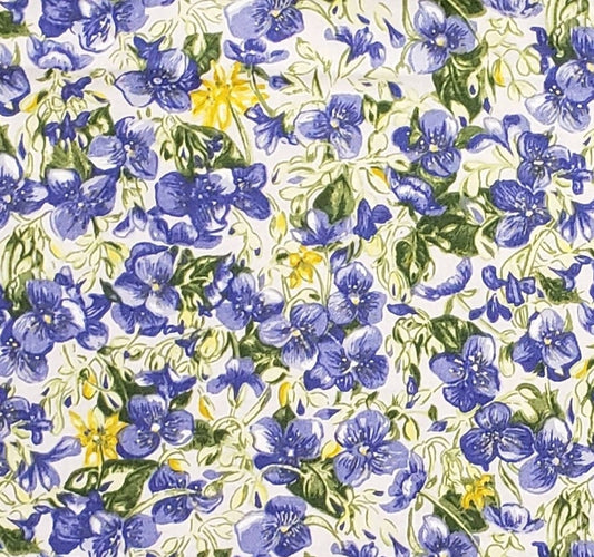 Pale Lavender Fabric / Blue and Yellow Flower Print / Dark Green Leaves