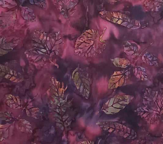 EOB - BATIK - Magenta and Purple Tonal Fabric / Green and Blue Leaf Pattern