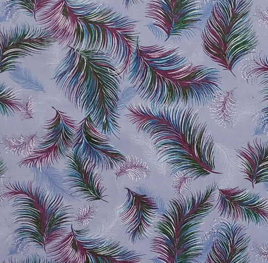 Lavender Fabric / Fushcia, Turquoise, Green and White Feather Print - Selvage to Selvage Print