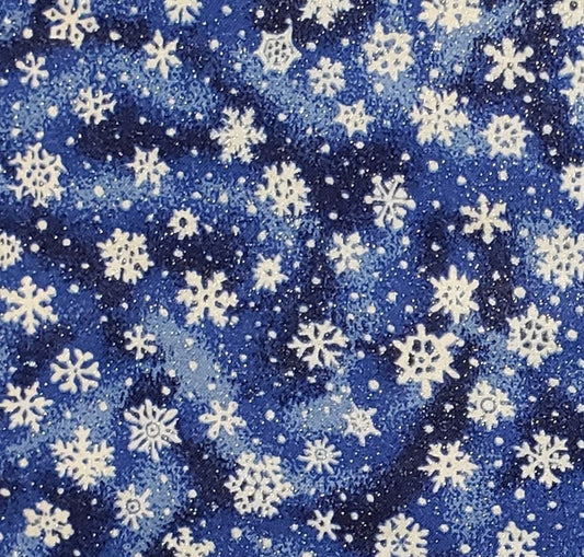 EOB - Cranston Collections Cranston Print Works - Dark and Medium Blue Tonal Fabric / White Snowflake with Allover "Frost"