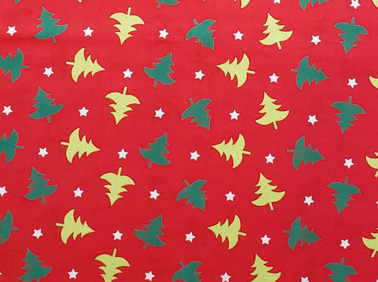 Designed and Produced Exclusively for JoAnn Fabric and Craft Stores - Red Fabric / Green and Bright Green Trees / White Star Print