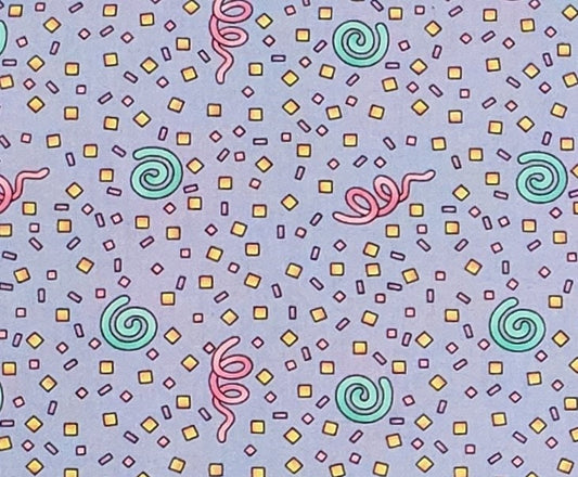 Nancy J Smith and Lynda S Milligan Possibilities for AvLyn Creations - Periwinkle Fabric/Multi-Color Confetti/Green Swirls/Pink Streamers