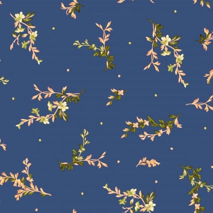 Belle Epoque by Maywood Studio - Tossed Mini - Blue -  Rich, French Colonial Blue / Coral / Peach Small, Scattered Floral Print Fabric