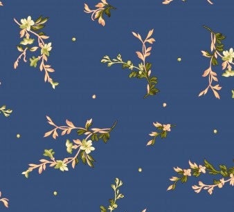 Belle Epoque by Maywood Studio - Tossed Mini - Blue -  Rich, French Colonial Blue / Coral / Peach Small, Scattered Floral Print Fabric