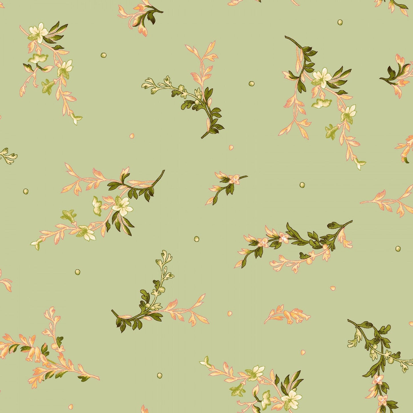 Belle Epoque by Maywood Studio - Tossed Mini - Green - Pale Green Fabric / Coral / Peach Floral Print