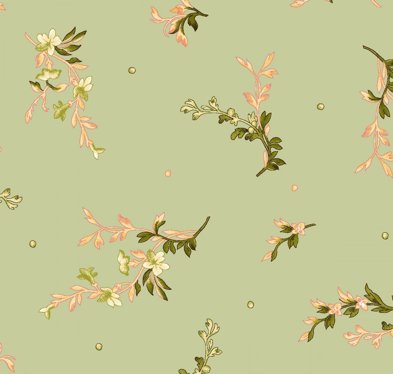 Belle Epoque by Maywood Studio - Tossed Mini - Green - Pale Green Fabric / Coral / Peach Floral Print