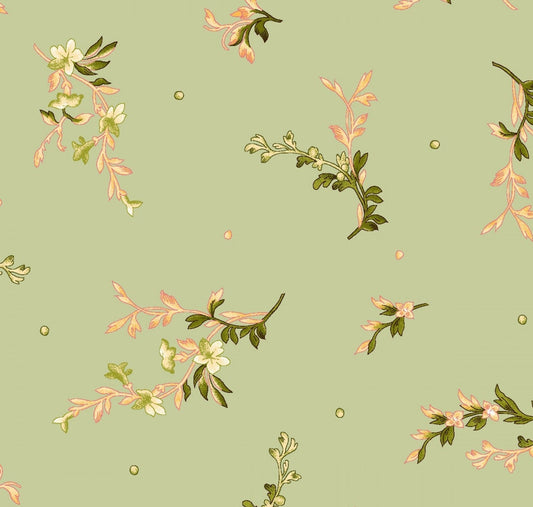 Belle Epoque by Maywood Studio - Tossed Mini - Green - Pale Green Fabric / Coral / Peach Floral Print