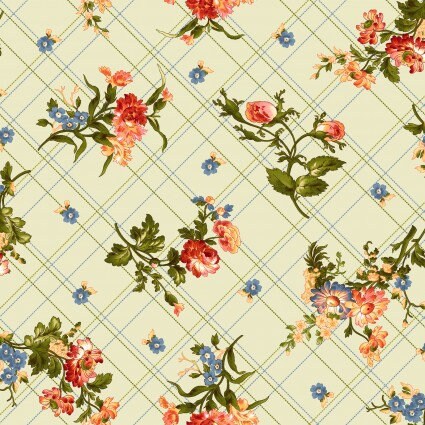 Belle Epoque by Maywood Studio - Bias Plaid Floral - Green - Pale Green Fabric / Coral / Peach Bias Plaid Floral Vine Print