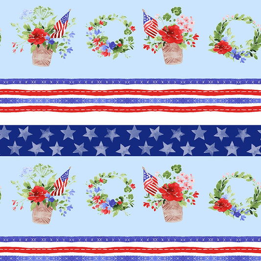 America The Beautiful by Heatherlee Chan for Clothworks - Pictorial Stripe - Light Blue