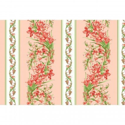 Sommersville by Maywood Studio - Gladiolus Stripe - Peach Wide Stripe (6-1/2") Fabric / Dark Coral Gladiolus / White Stripe (2-1/4")