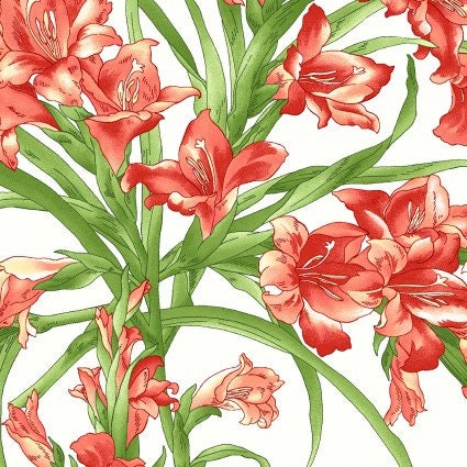 Sommersville by Maywood Studio - Gladiolus - Soft White Fabric / Large Dark Coral Gladiolus Spray