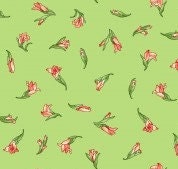 Sommersville by Maywood Studio - Little Buds - Pale Green Fabric / Scattered Dark Coral Gladiolus Buds