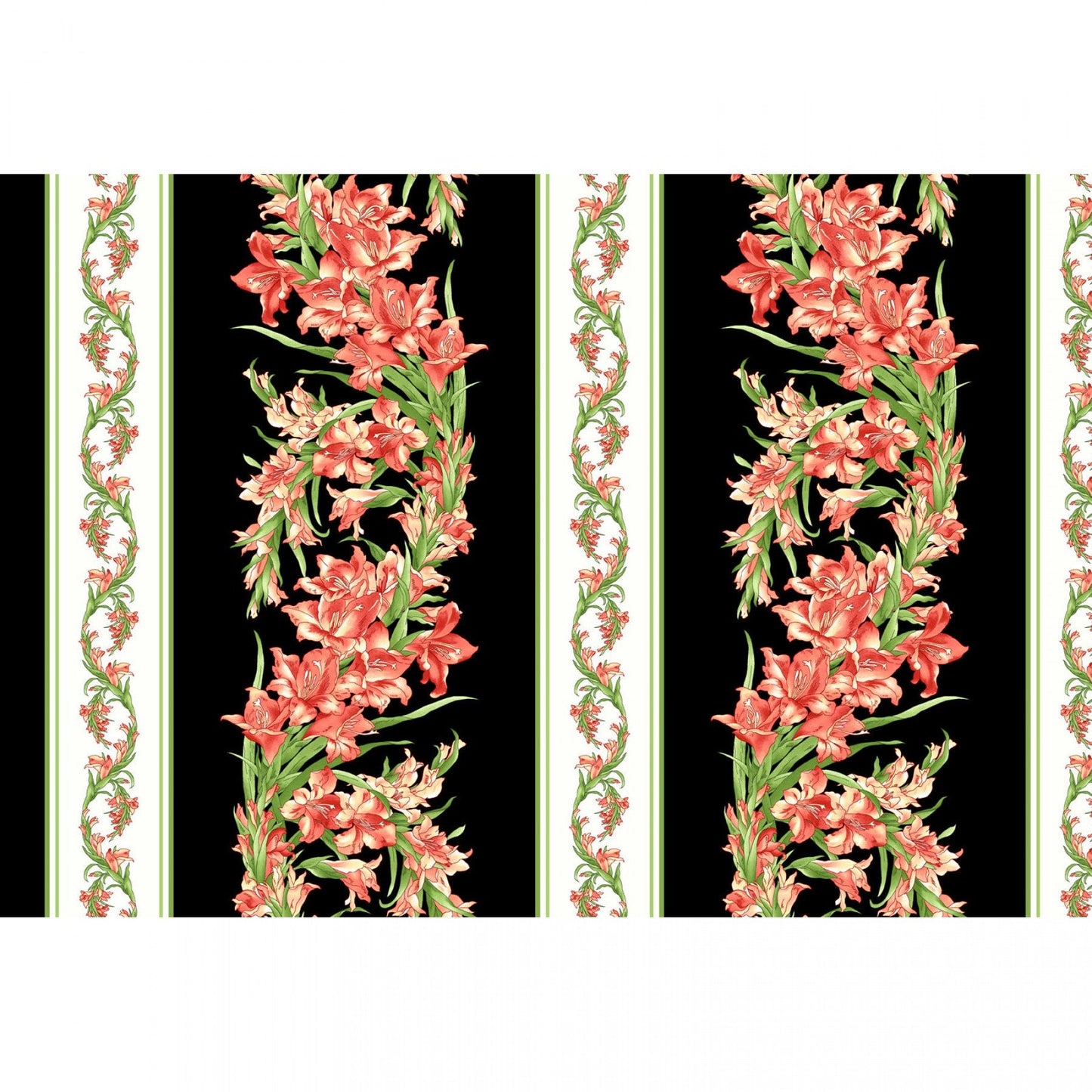 Sommersville by Maywood Studio - Gladiolus Stripe - Black Fabric - Black Wide Floral Stripe (7-1/4" Wide)/White Floral Stripe (2-1/2" Wide)