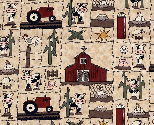 Hen Pecked Heifer Dairy Fabric Designs by Andrea Fuhr for Moda - Butterscotch Mottled Fabric / Red Barns, Tractors and Farm Animals