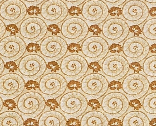 White with Heavy Golden Tan Reproduction Style Fabric / Golden Tan Swirl and Flower Print