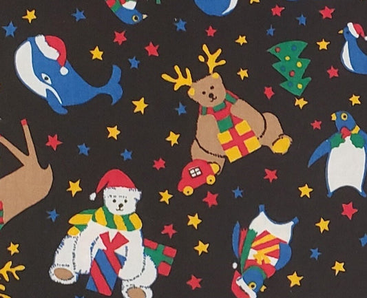 The Fun Zone by Hoffman International Fabrics - Black Fabric / Brightly Colored Polar Bear/Reindeer/Penguins/Whales/Christmas Trees