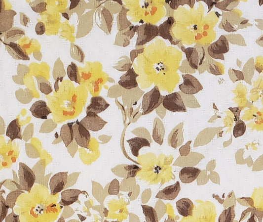 J Manes - Vintage Fabric - Soft White Fabric / Pale Yellow, Orange, Brown and Tan Floral Pattern - 34" WIDE Lightweight FABRIC