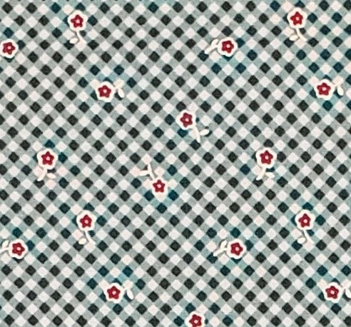 Concord Fabrics - Small Blue/Green Diagonal Check Fabric / Tiny Red Scattered Flowers