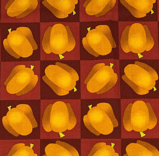 EOB - Lush Harvest by Laura Foster Nicholson of LFN Textiles - Maroon and Dark Rose Checkerboard Fabric / Orange/Yellow Peppers