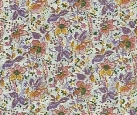 Vintage Soft White Fabric / Soft Yellows and Purples Floral Design - Lightweight Fabric