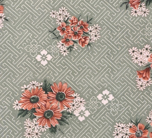 Pale Green Fabric with Geometric "Maze" Background / White and Coral Daisy Pattern