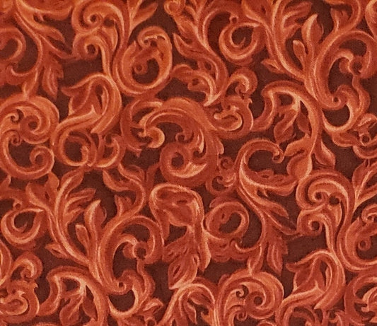 Patt# BTR-6002 Blank Quilting Inc. 2010 - Medium Brown Fabric / Burnt Orange Swirls