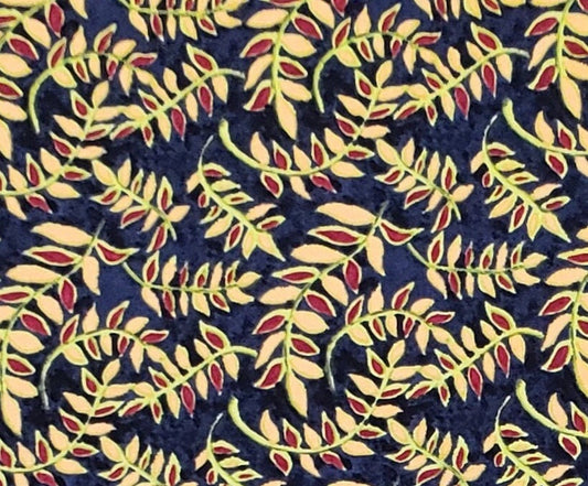 Rebecca by Sal Miller for Camelot Cottons - Dark Blue Fabric / Gold and Maroon Leaf Print / Pale Green Vines