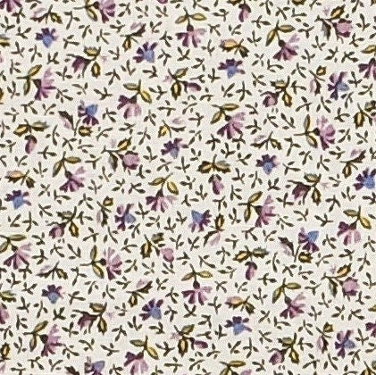 Little Prairie Prints by RJR Fashion Fabrics - Soft White Fabric / Tiny Scattered Vintage Purple and Blue Flowers / Gold Leaves