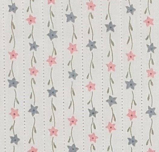 Vintage Pale Blue Fabric - Tiny Pink and Periwinkle "Star" Flowers on a Vine