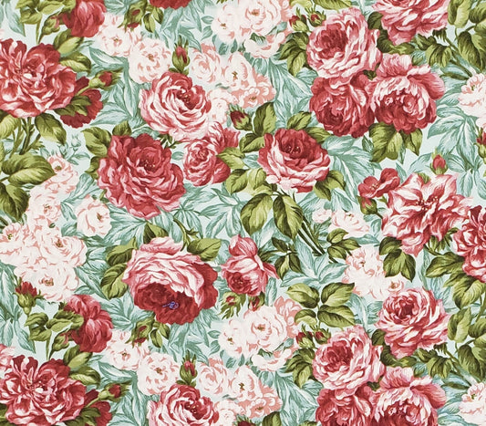 Heaven on Earth #276 by Ro Gregg for Northcott Quest for A Cure - Seafoam Fabric / Red and Pink Roses / Pale Blue and Green Leaves