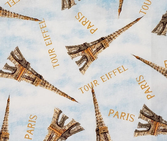 Le Café Panhui Nai Licensed to WP - Eiffel Tower Print on Sky Blue and White Fabric