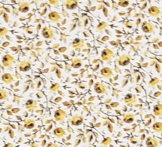 Classic Cottons - Soft White Fabric / Golden Yellow Flower Pattern with Dark Brown Stems