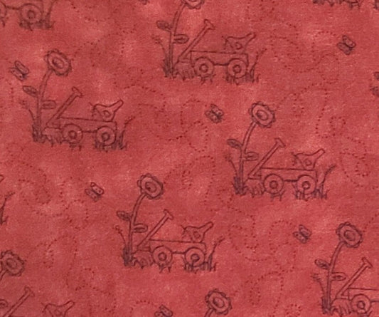 Grandma's Garden by Whimsicals for Four Corners Designs A.E. Nathan - Dark Red Tonal Fabric / Black Silhouette Wagon and Flower Print