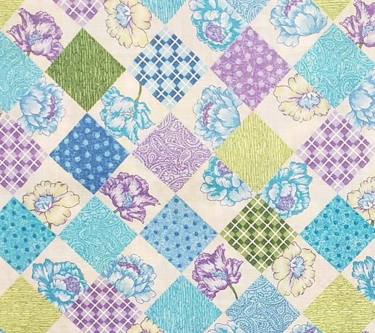 Soft White Fabric - Patchwork Diamond and Floral Print in Shades of Blue / Lavender / Yellow / Green