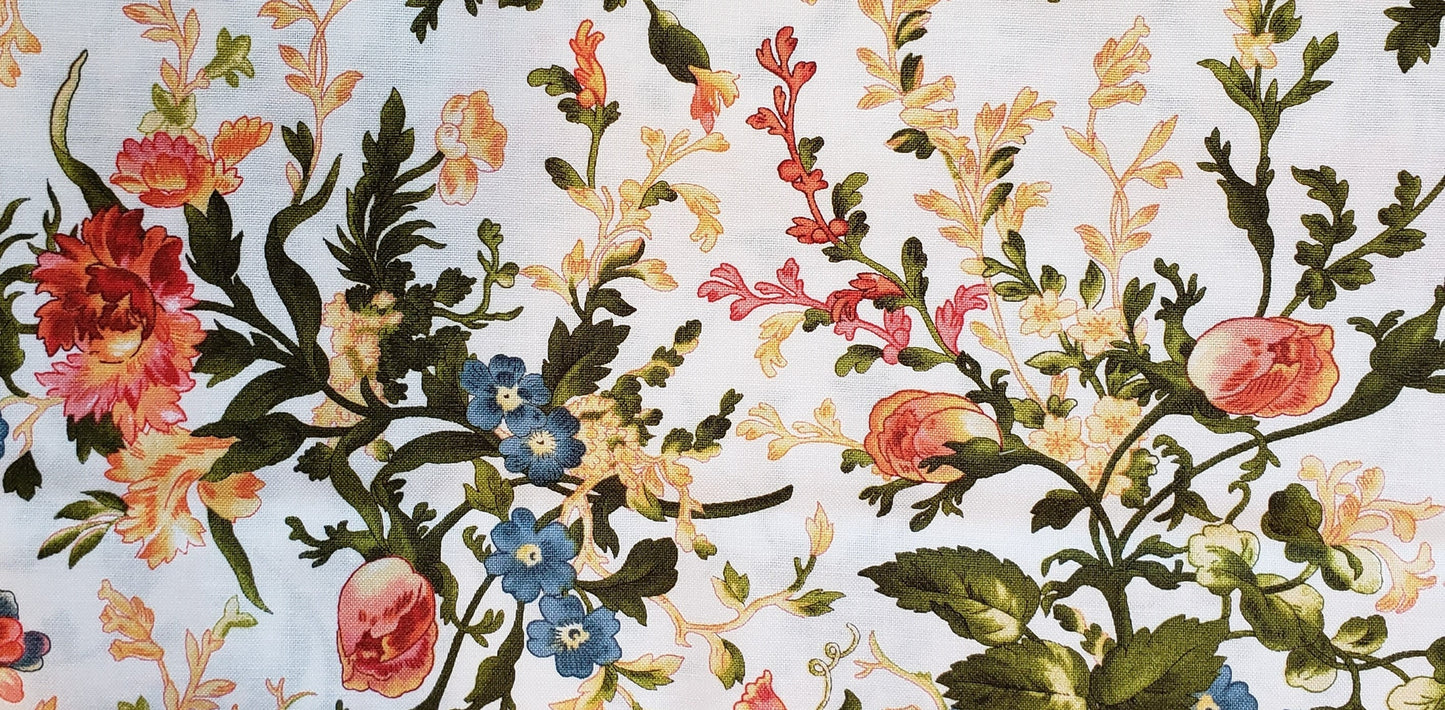 Belle Epoque by Maywood Studio - Floral Damask - White - White Fabric/Large Multi-Color Floral Print/Rich French Colonial Blue/Coral/Peach