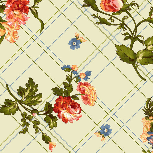 Belle Epoque by Maywood Studio - Bias Plaid Floral - Green - Pale Green Fabric / Coral / Peach Bias Plaid Floral Vine Print