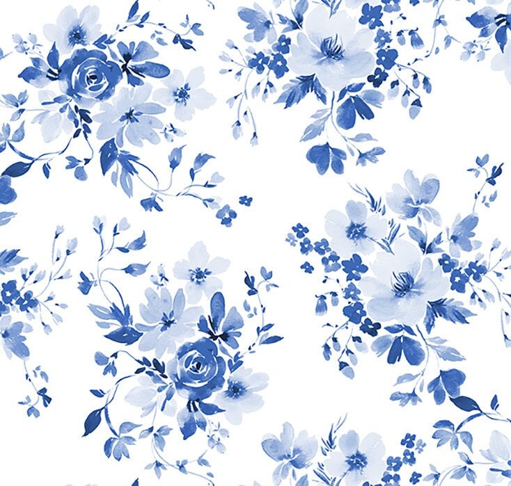 America The Beautiful by Heatherlee Chan for Clothworks - Bouquets - White - White Fabric / Light Navy Floral Print