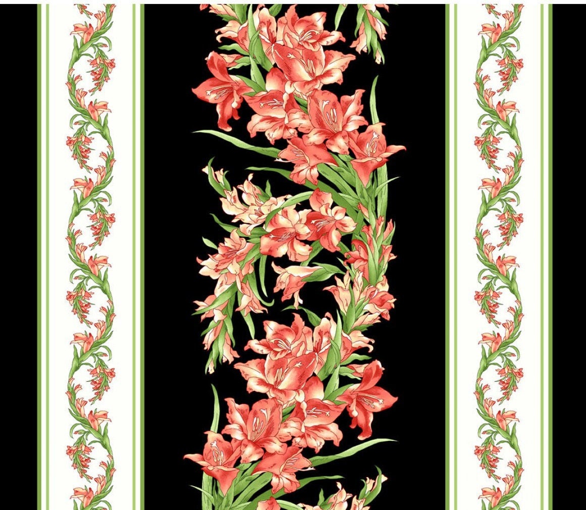 Sommersville by Maywood Studio - Gladiolus Stripe - Black Fabric - Black Wide Floral Stripe (7-1/4" Wide)/White Floral Stripe (2-1/2" Wide)