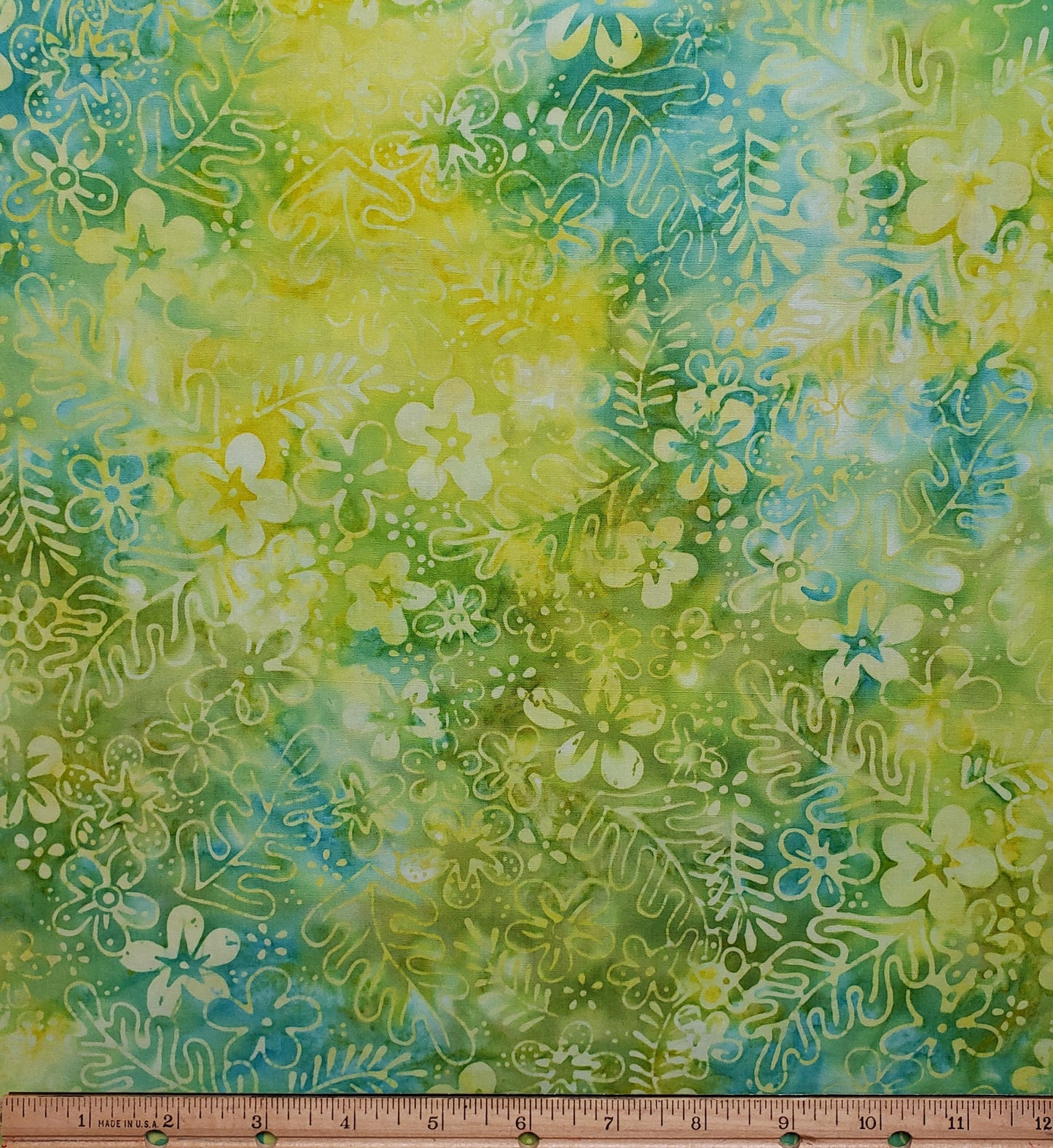 BATIK - Yellow and Teal Fabric with Leaf and Floral Pattern