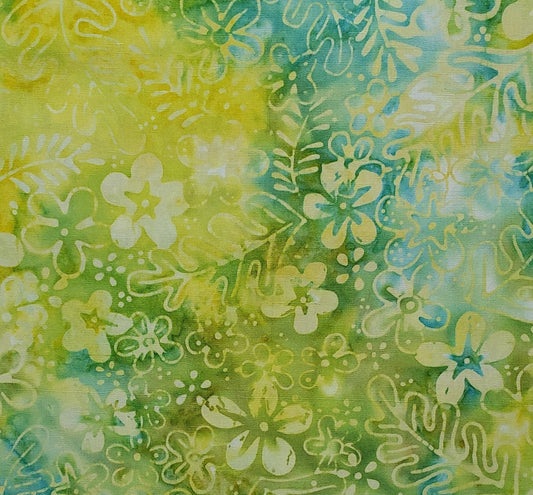 BATIK - Yellow and Teal Fabric with Leaf and Floral Pattern