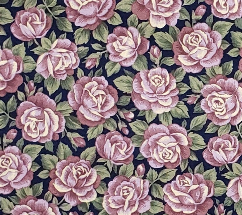 COLORSHOP by VIP Cranston Print Works Company - Dark Blue Fabric / Lavender, Mauve and Cream Rose Print / Tonal Green Leaves
