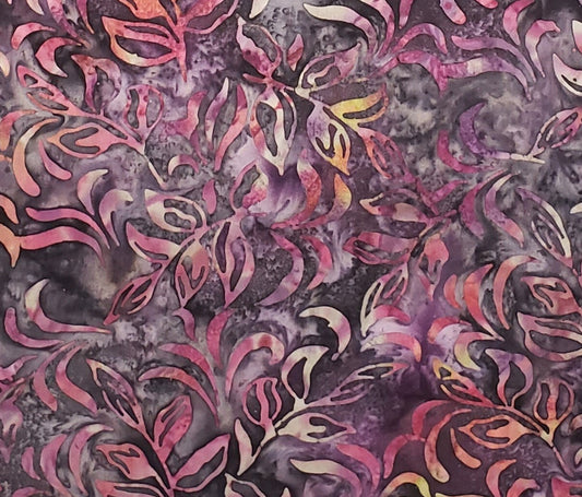 BATIK - Black / Tan / Dark Pink / Lavender Fabric with Leaf Pattern