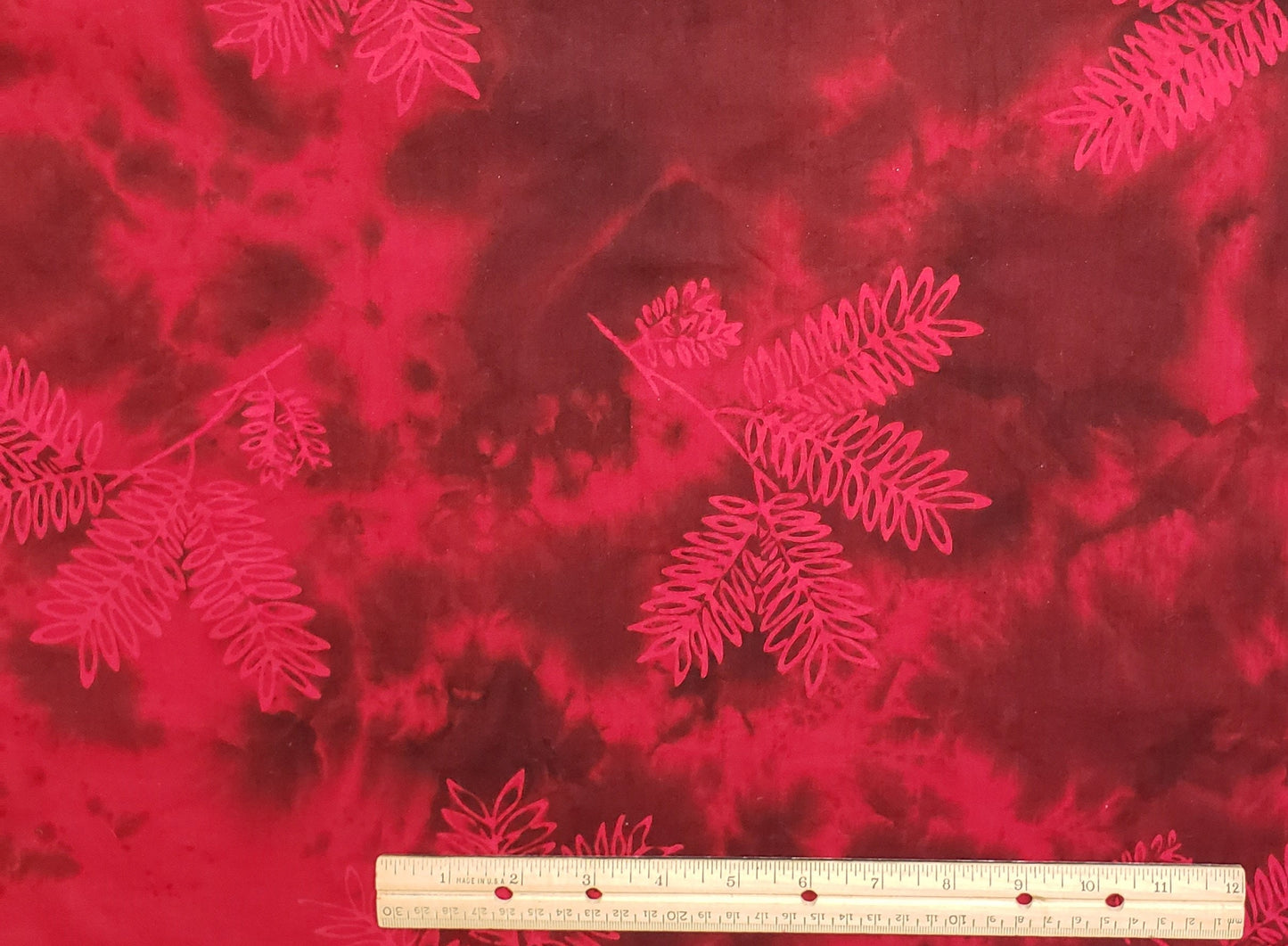 BATIK - Red Fabric with Red Leaf Pattern and Black Accents