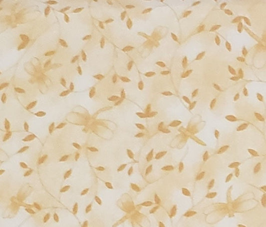 Spring Industries - White and Tan Mottled Fabric / Golden Brown Vine and Dragonfly Print