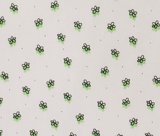 Lightweight Denim Fabric - Cream / Scattered Black Flowers with Green "Shadow"