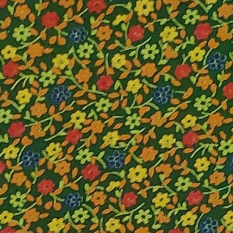 Vintage Green Fabric / Yellow, Orange, Red and Blue Floral Pattern