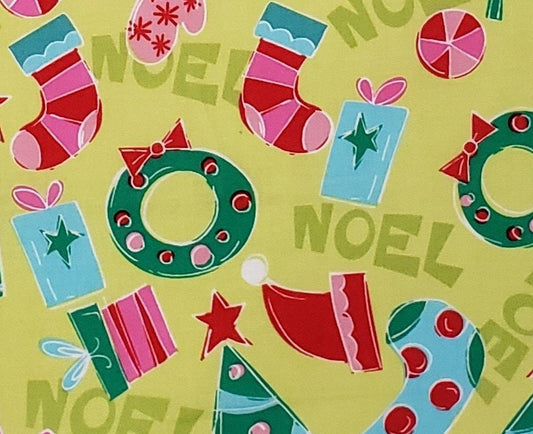 CP 22469 NOEL Springs Creative Products Group - Bright Green NOEL Print Fabric with Pink, Light Blue and Green Holiday Print