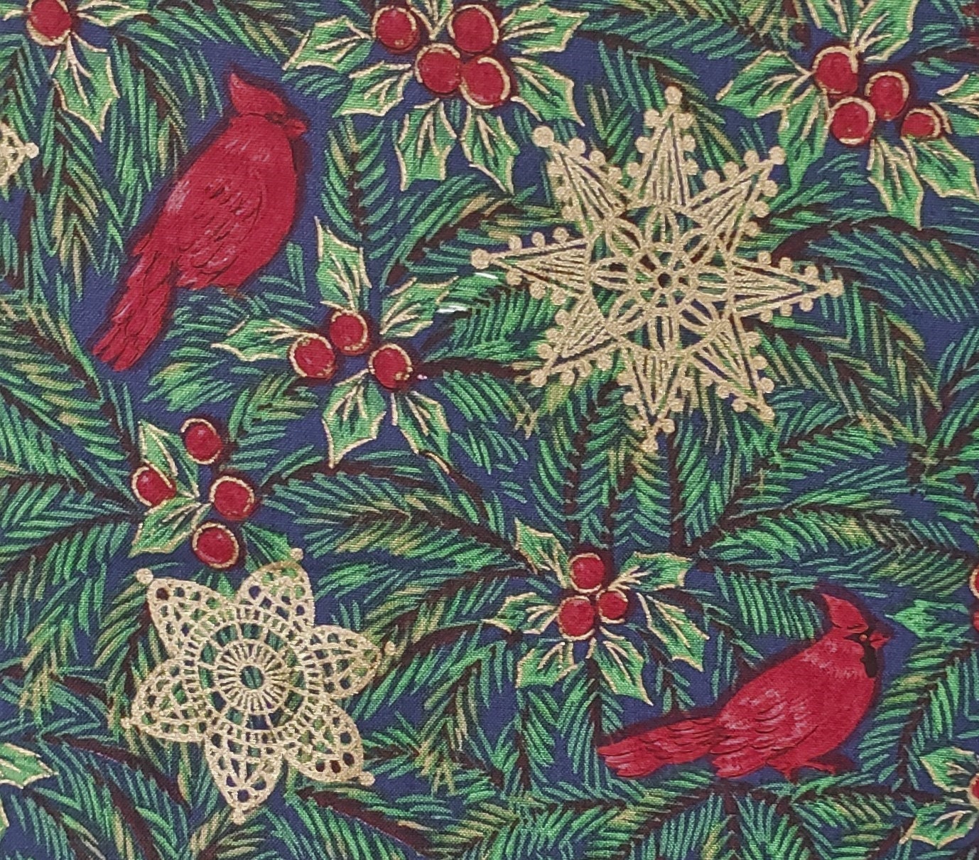 5th Avenue Designs - MCMXCV Fast Colors - Blue Fabric / Cardinal, Holly and Gold Star Print