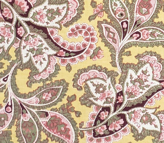 Vintage Florals Quilt Innovations for Hancock Fabrics - Butterscotch Fabric with Wine, Pink and Sage Paisley Floral Print