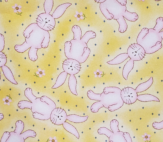 Signature Classics by Oakhurst Textiles - Yellow "Sponged" Fabric / Country Blue Accents / Pink Flowers / Cartoon-Style Rabbits